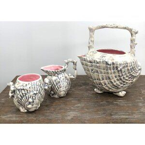Unique Iridescent Seashell Shaped Ceramic Teapot Cream Sugar Set Conch Coral VTG